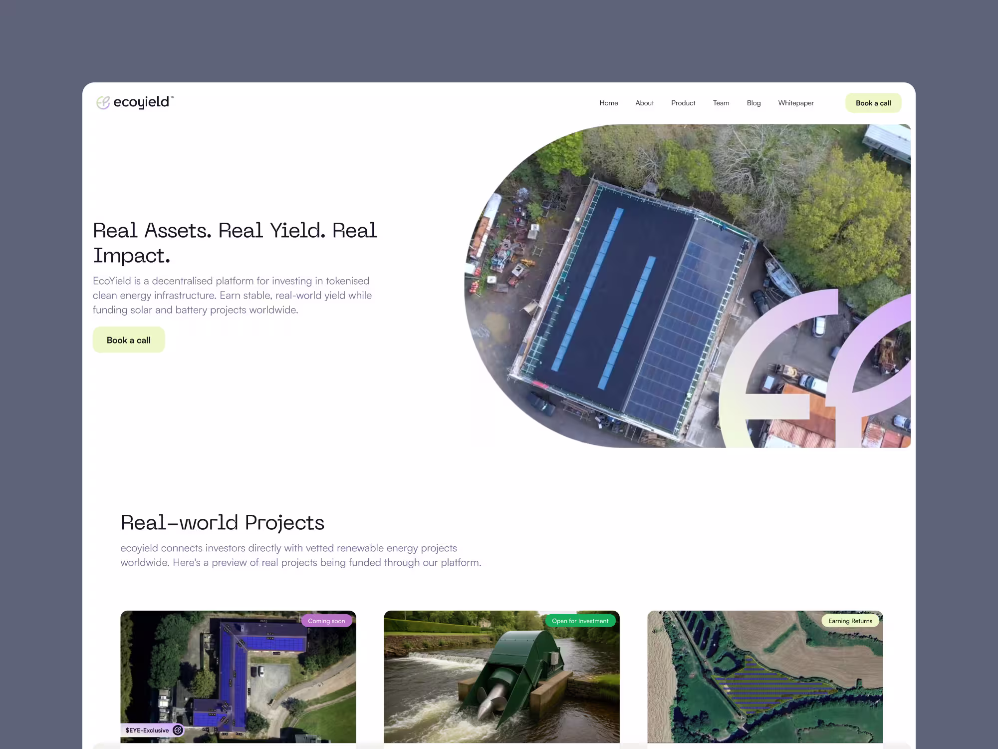 As Lead Product Designer for EcoYield, I guided the end-to-end design process of both the public landing page and the investment dashboard. The goal was to build trust with investors, communicate the value of real-world assets (RWA), and deliver a scalable, intuitive product experience aligned with EcoYield’s brand vision. To achieve this, two complementary design systems were implemented. The landing page leveraged Figma’s Simple Design System to create a clean, marketing-oriented experience, enhanced by a hero video that reinforced credibility and highlighted EcoYield’s connection to tangible assets. The dashboard was developed using the Shadcn UI Kit, selected for its adaptability in managing data-heavy interfaces while ensuring long-term scalability.